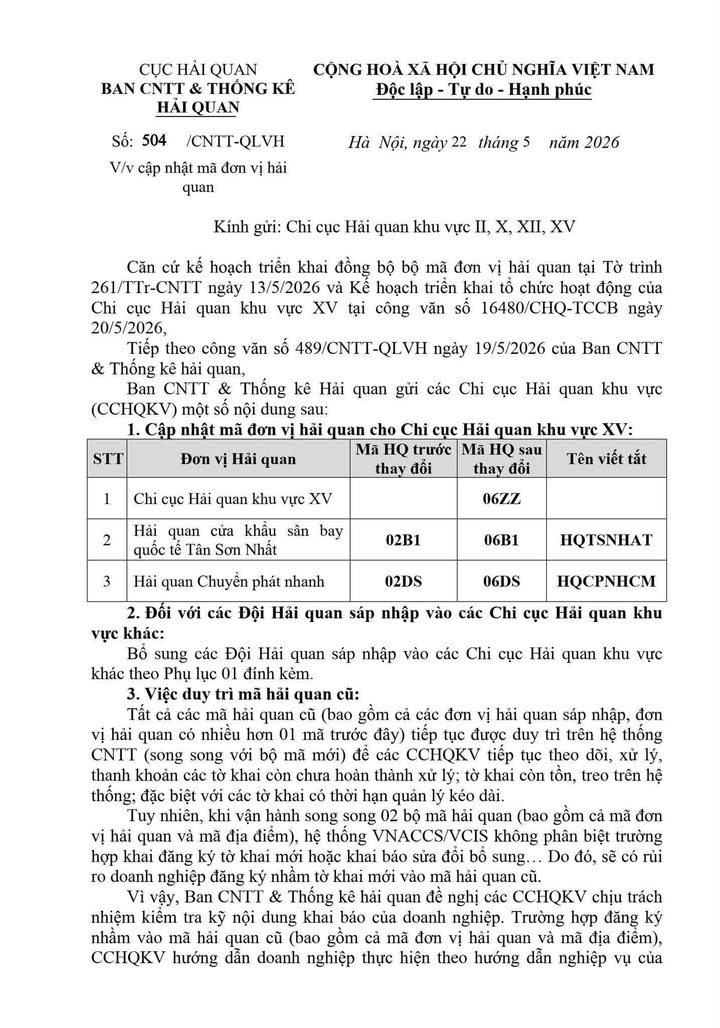 BỔ SUNG THÊM MÃ ĐƠN VỊ HẢI QUAN MỚI TỪ 01/6/2026, DN CẦN RÀ SOÁT NGAY